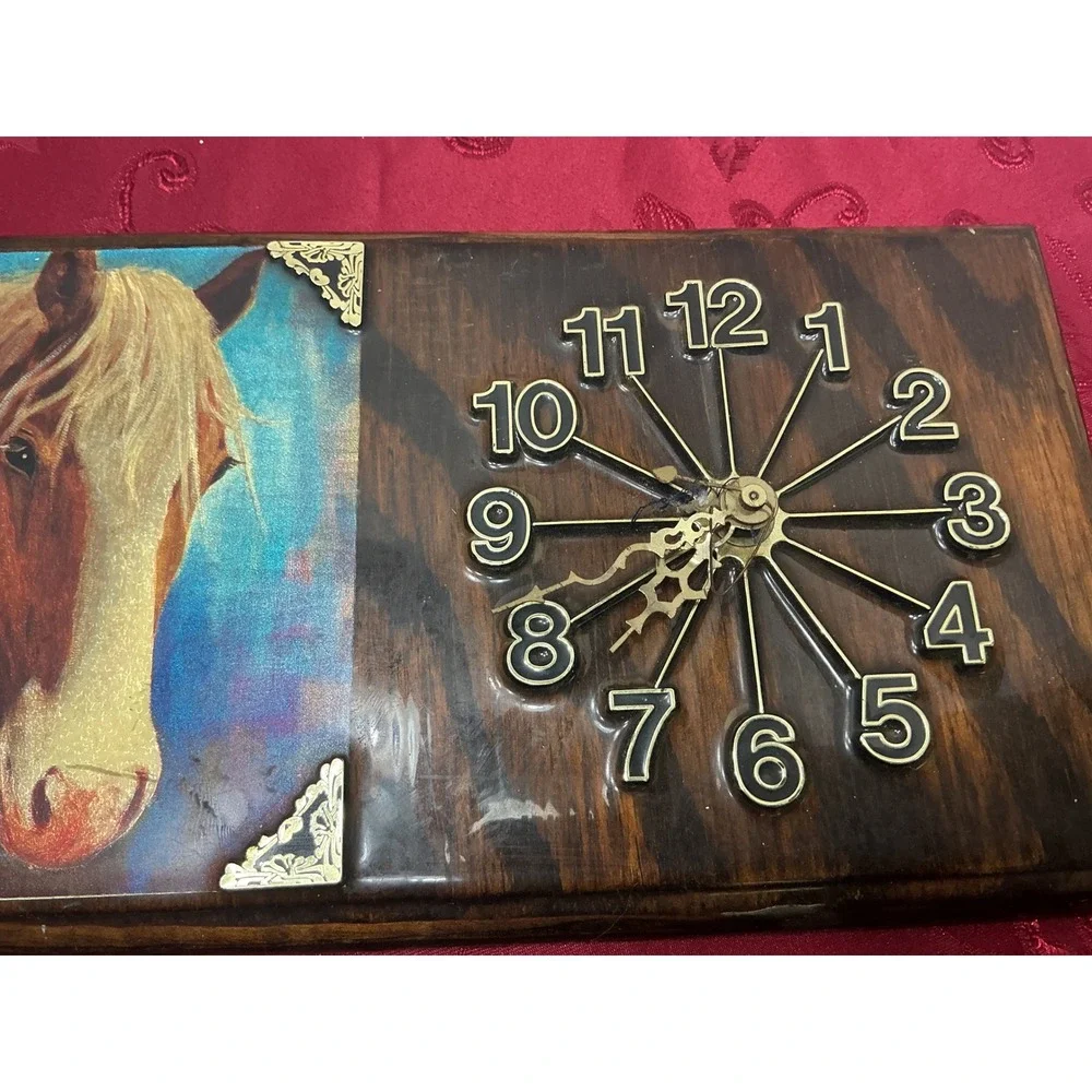 Used Vintage Western Native American Woman and Horse Wood Wall Clock Rustic Deco